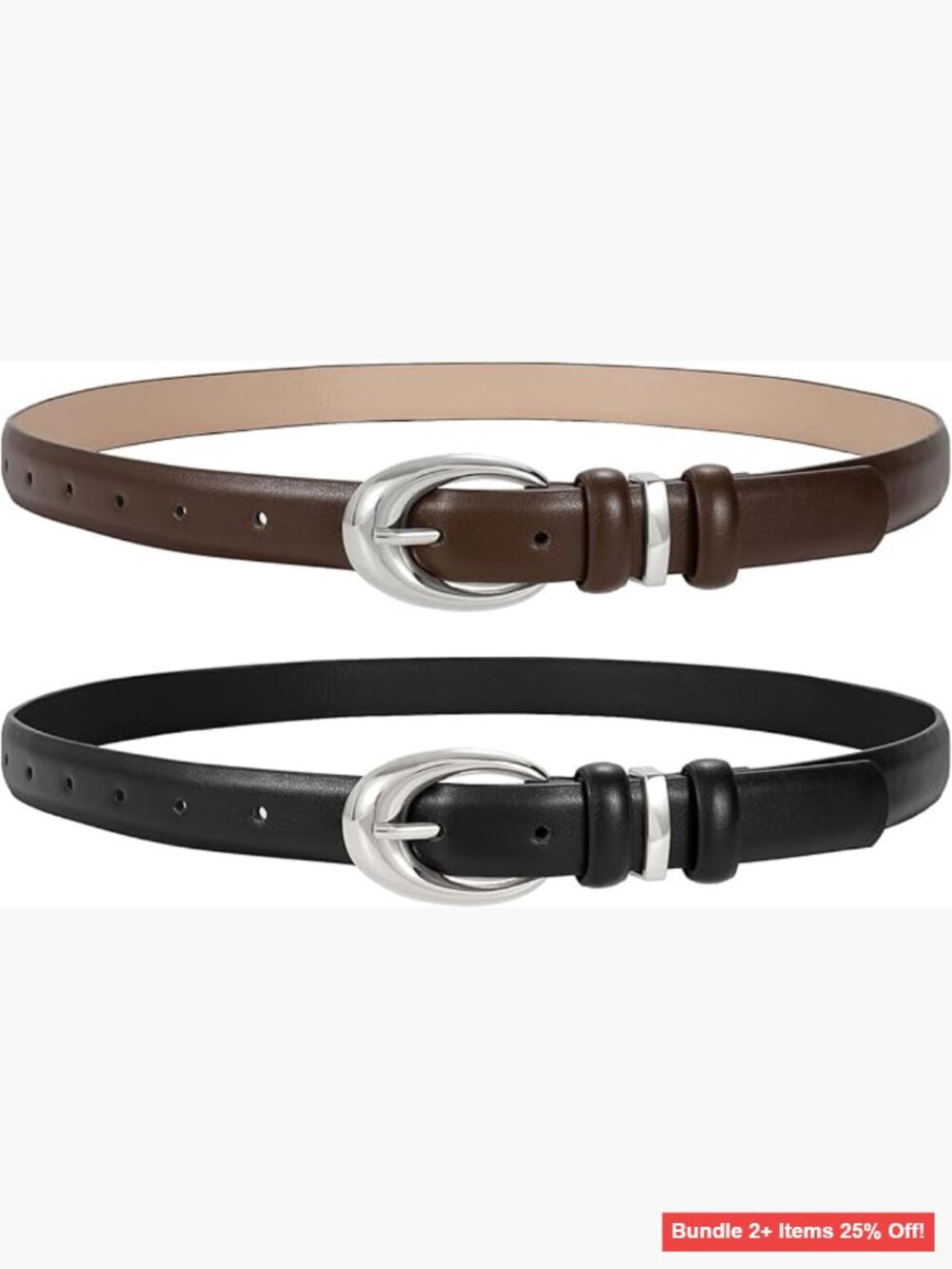 2 Pack Women's Faux Leather Skinny Belts with Metal Buckles for Jeans & Dresses